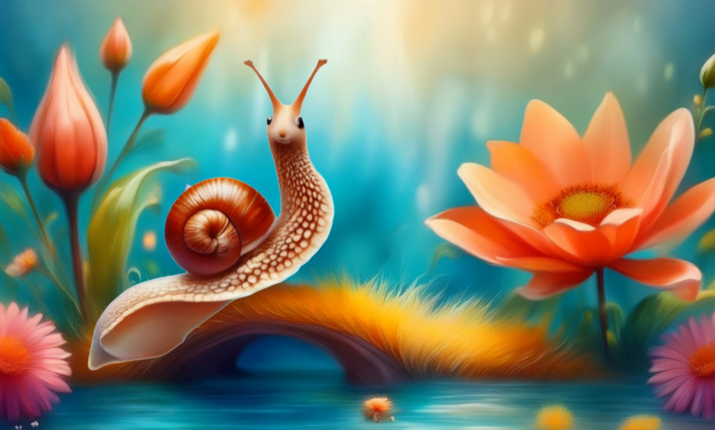 Een slak met een huisje is een sprookjesachtige omgeving met oranje bloemen