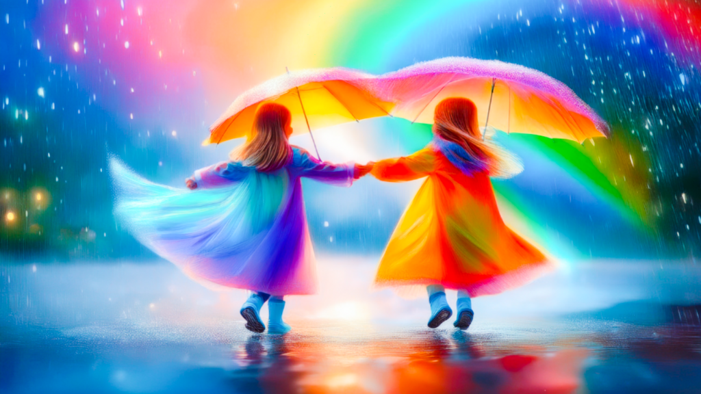 Twee meisjes dansen in de regen. Een meisje draagt een blauwe regenjas en de andere een gele. Beiden dragen een gele paraplu. 