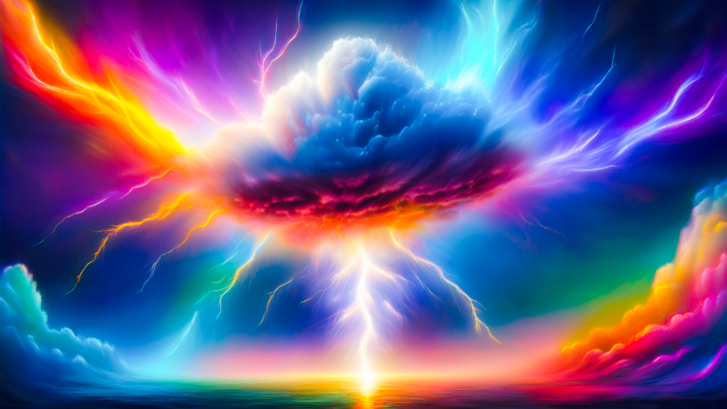 een  prachtige lucht met wolken in geel, roze en  paarse tinten. Uit een donkere wolk zie je allrlei kleuren stralen en er komt een bliksenstraal uit de wolk.