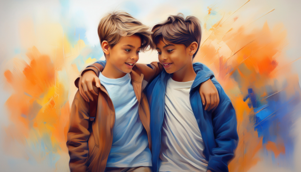 Twee jongens naast elkaar terwijl ze elkaars schouders vasthouden.