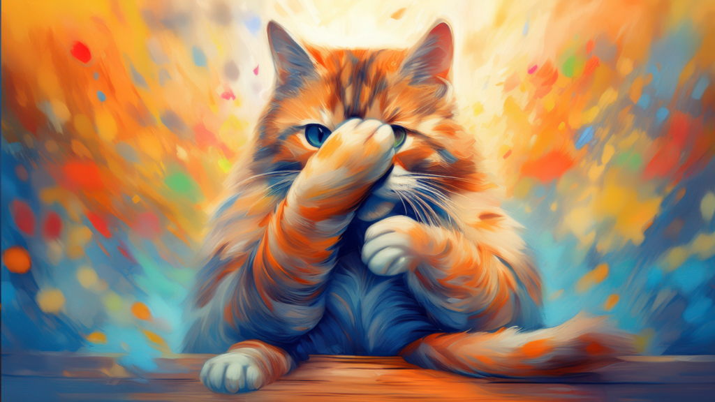 Een poes zit rechtop  en houd een pootje voor zijn ogen, omdat hij zich schaamt. Achtergrond blauw,, geel oranje