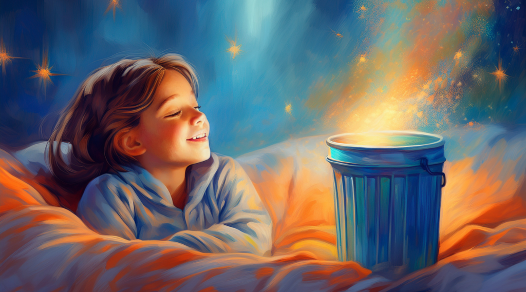 Een jong meisje ligt in bed en kijkt lachend naar een afvalbakje waar licht en sterretjes uitvliegen.