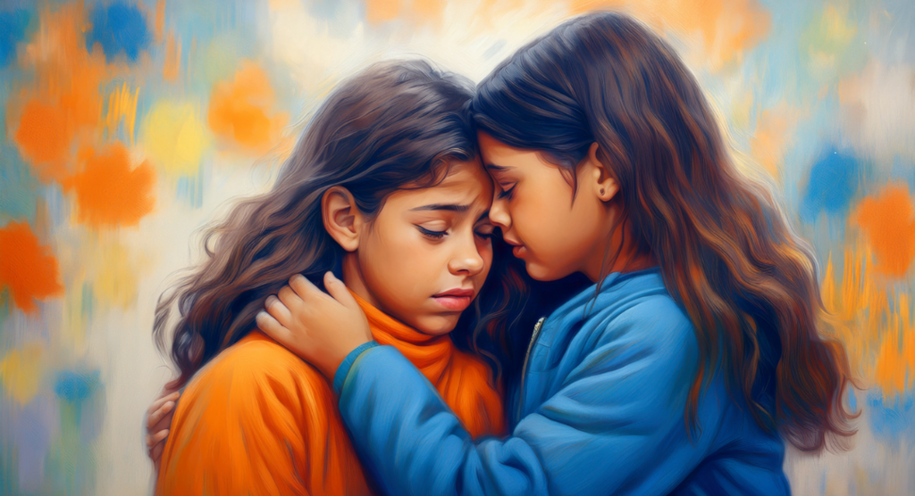 twee meisjes van kleur. Een meisje houdt het andere meisje vast om te troosten. Oranje en blauwe kleding en idem achtergrond