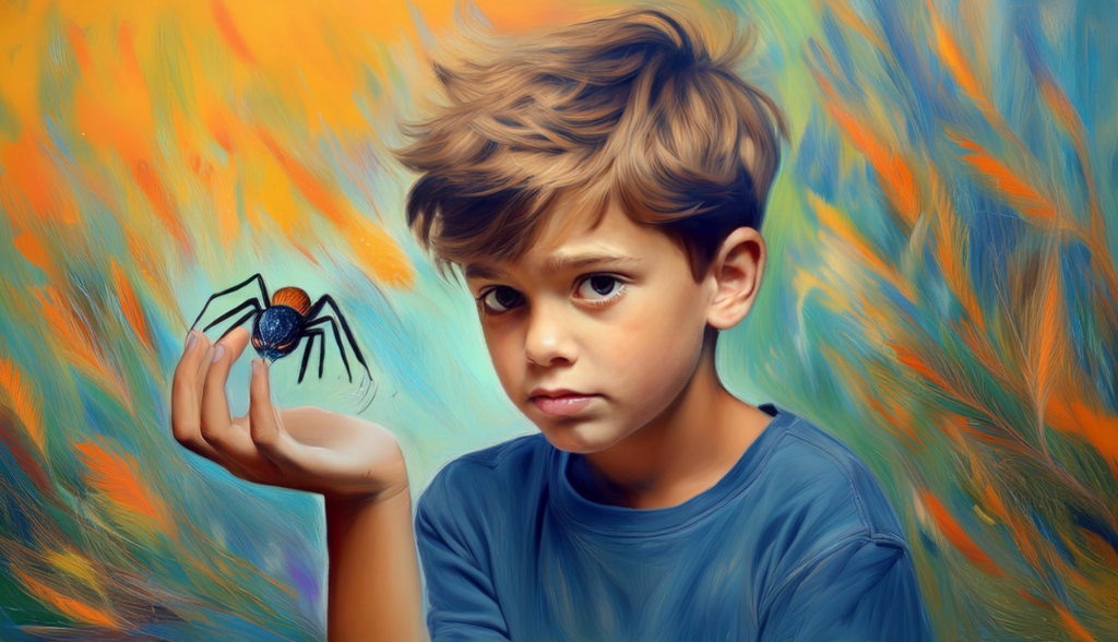 Een jongen van ongeveer 10 jaar, heeft een spin  op zijn hand en kijkt boos. Oranje achtergrond