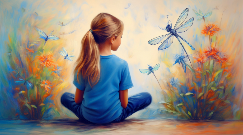 Een meisje met een paardenstraat kijkt naar de vele blauwe libellen om haar heen, die boven oranje en blauwe bloemen zweven. Je ziet het meijse op haar rugzijde. 
