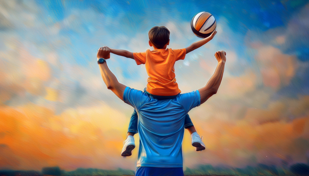 Een kleine jongen zit op de schoudrs van zijn vader. Ze juichen met hun armen in de lucht. Het jongetje houdt een voetbal  vast.