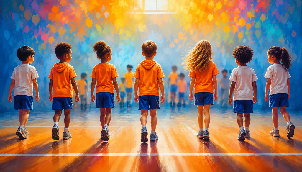 Een rij kinderen staan naast  elkaar in een gymzaal. Voor hen een witte streep op de grond, waar ze overheen stappen.