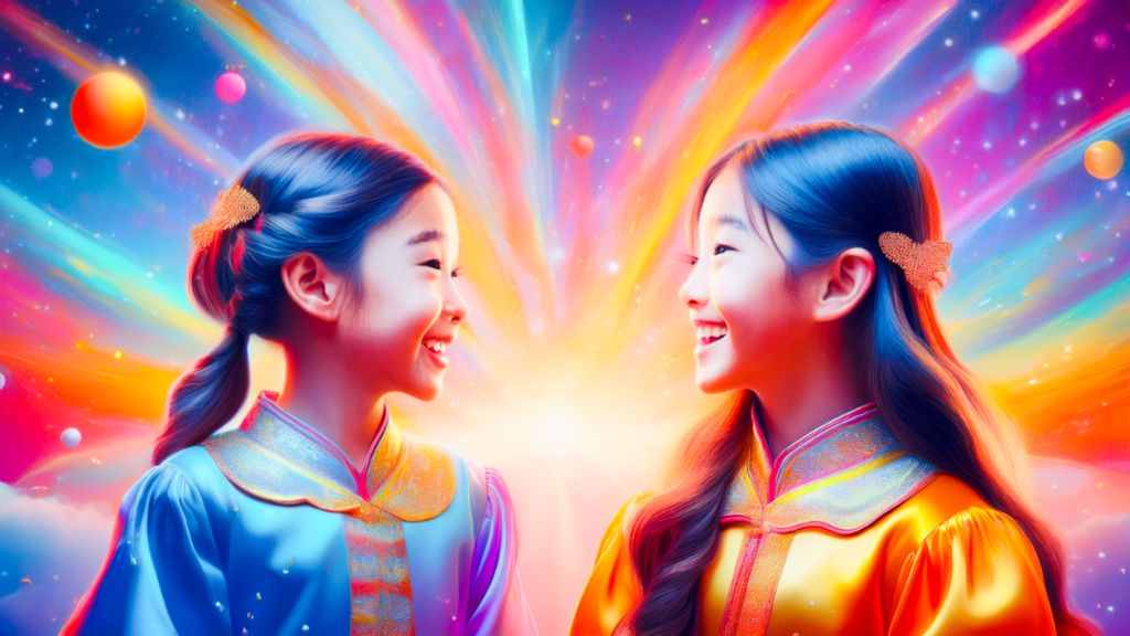 Twee chinese meisjes kijken elkaar lachend aan. Achtergrond in verschillende kleuren stralen.
