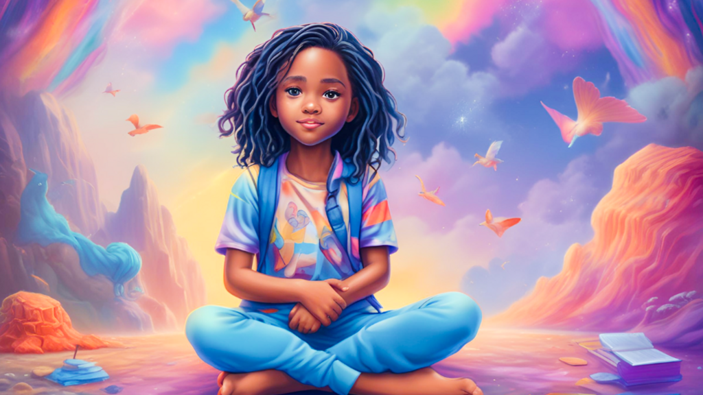 Een meisje uit Jamaica zit stevig op de grond. Haar blik straalt wislkracht uit. Ze wil niet meer naar school. Achtergrond lila, oranje en blauwtinten,
