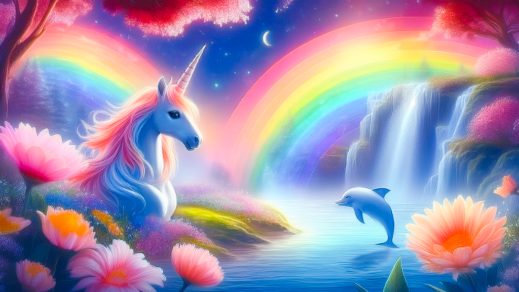Een eenhoorn kijkt naar een springende dolfijn, in een sprookjesachtige kleurrijke omgeving met water, bloemen en twee regenbogen.