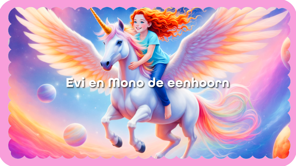 Een witte eenhoor met grote vleugels vliegt door een kleurrijke lucht met planeten om hem heen. Op zijn rug zit Evi, een meisje, blootvoets, met rode krullen en blauwe kleding