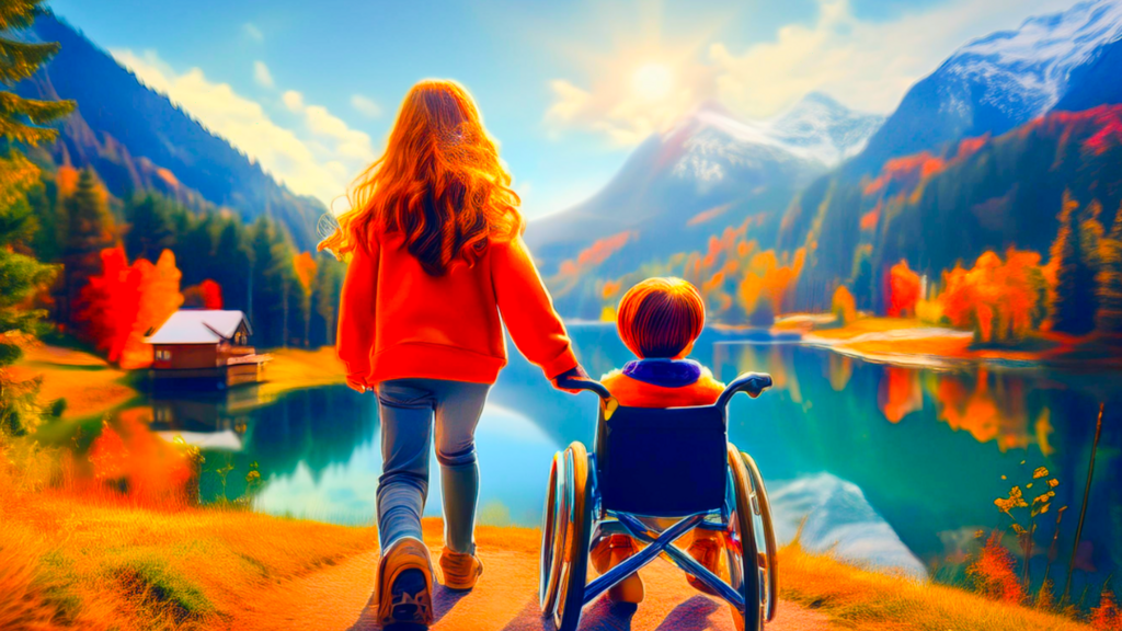 Een meisje staat naast een rolstoel met een kleine jongen erin. Samen kijken ze over een water en uitzicht op bergen