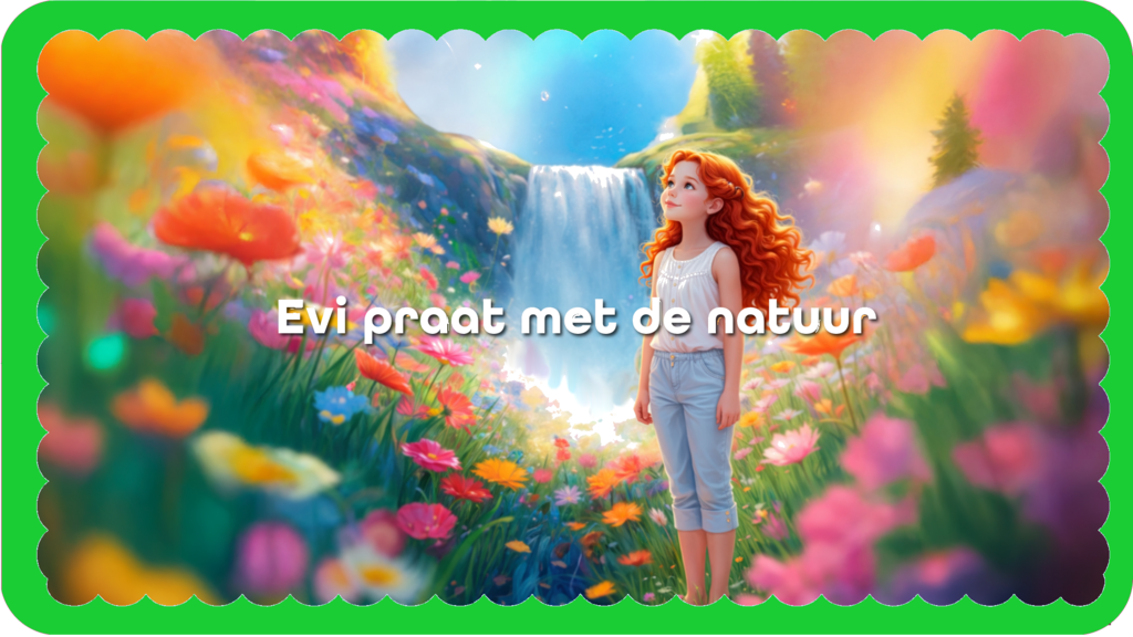 Een meisje van 9 jaar  gekleed in zomerse spijkerbeo en top, staat in een groot kleurrijk bloemenveld, kijkend naar een grote waterval