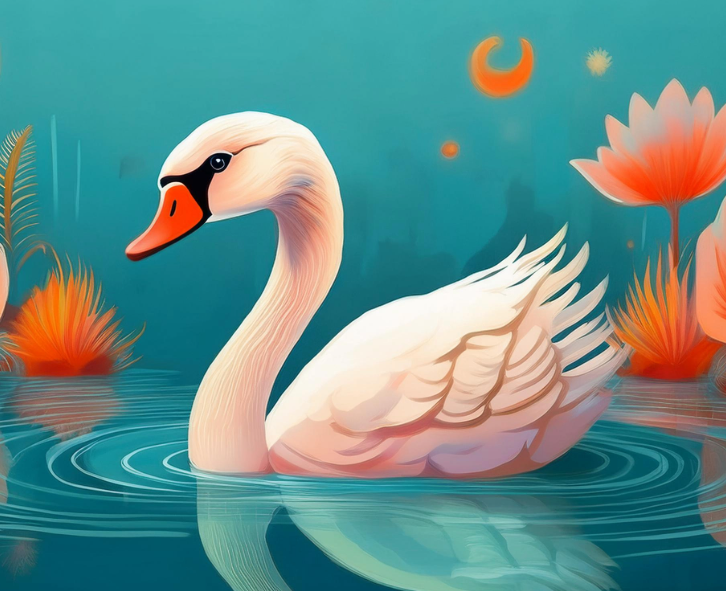 Een witte zwaan die over het water flijdt in een sprookjesachtige achtergrond van oranje bloemen